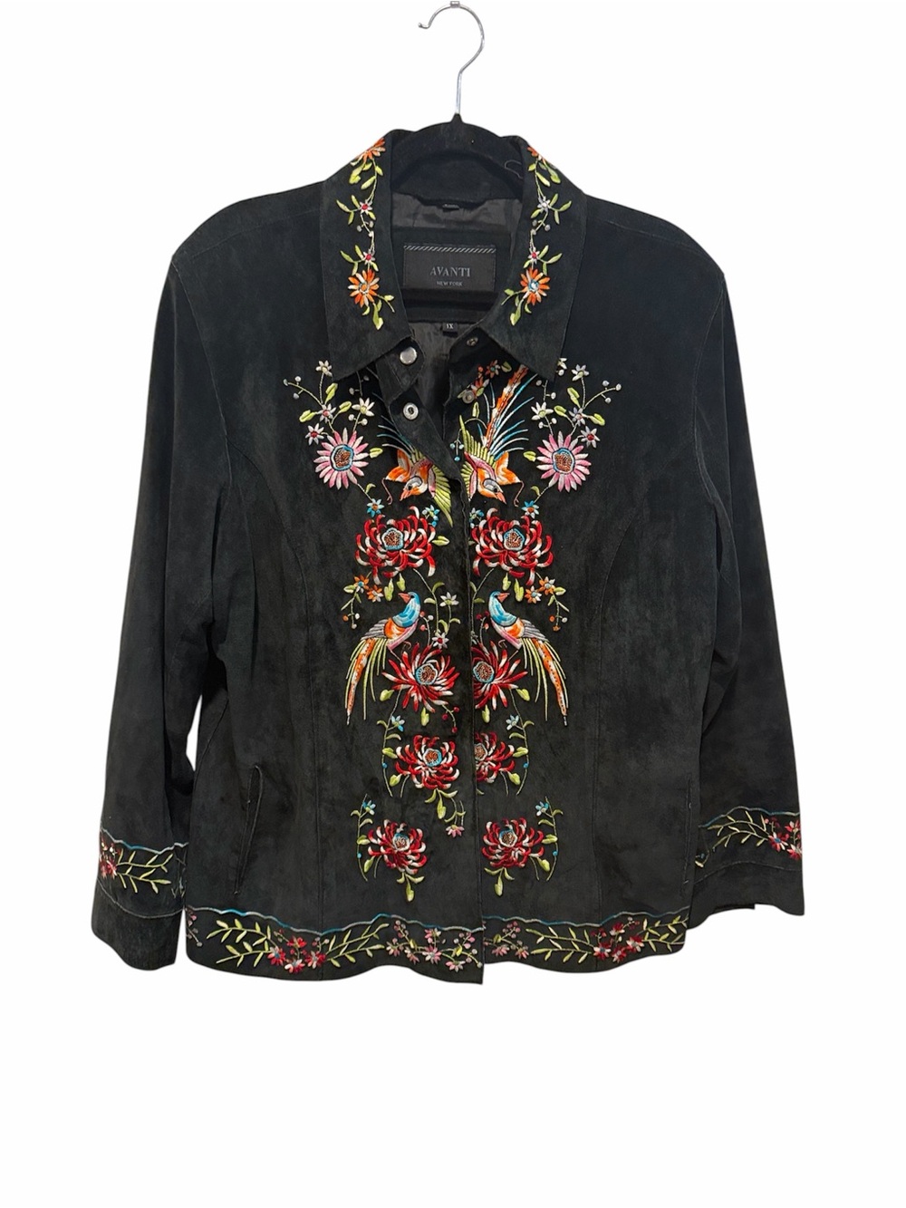 Avanti black suede bird embroidered snap front jacket size 1X